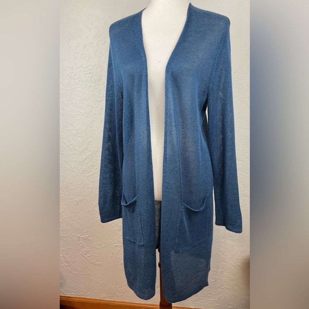 J. Jill Blue Linen Blend Longline Open Front Duster Cardigan Pockets Sz Medium